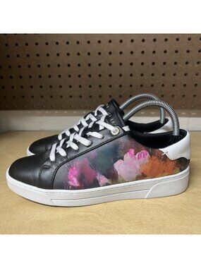 Ted Baker Artoh Black Leather Sneakers Women’s Size 8 Art Colorful Lace Up